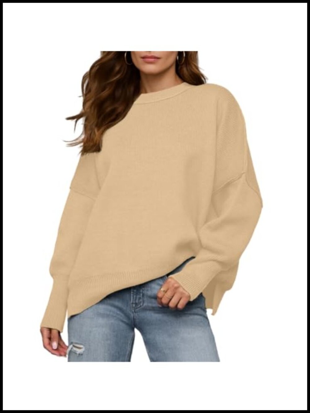 Women's Oversized Ribbed Knit Sweater Batwing Side Slit Pullover